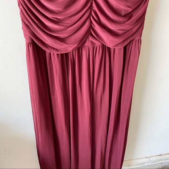 Long Fit and Flare Mesh Wine Bridesmaid Dress - Picture 4 of 6